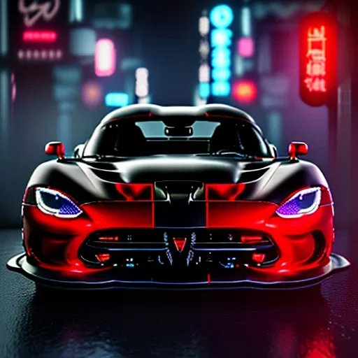 realistic black dodge viper; in an alternate universe in tokyo; cyberpunk; rain; neon signs