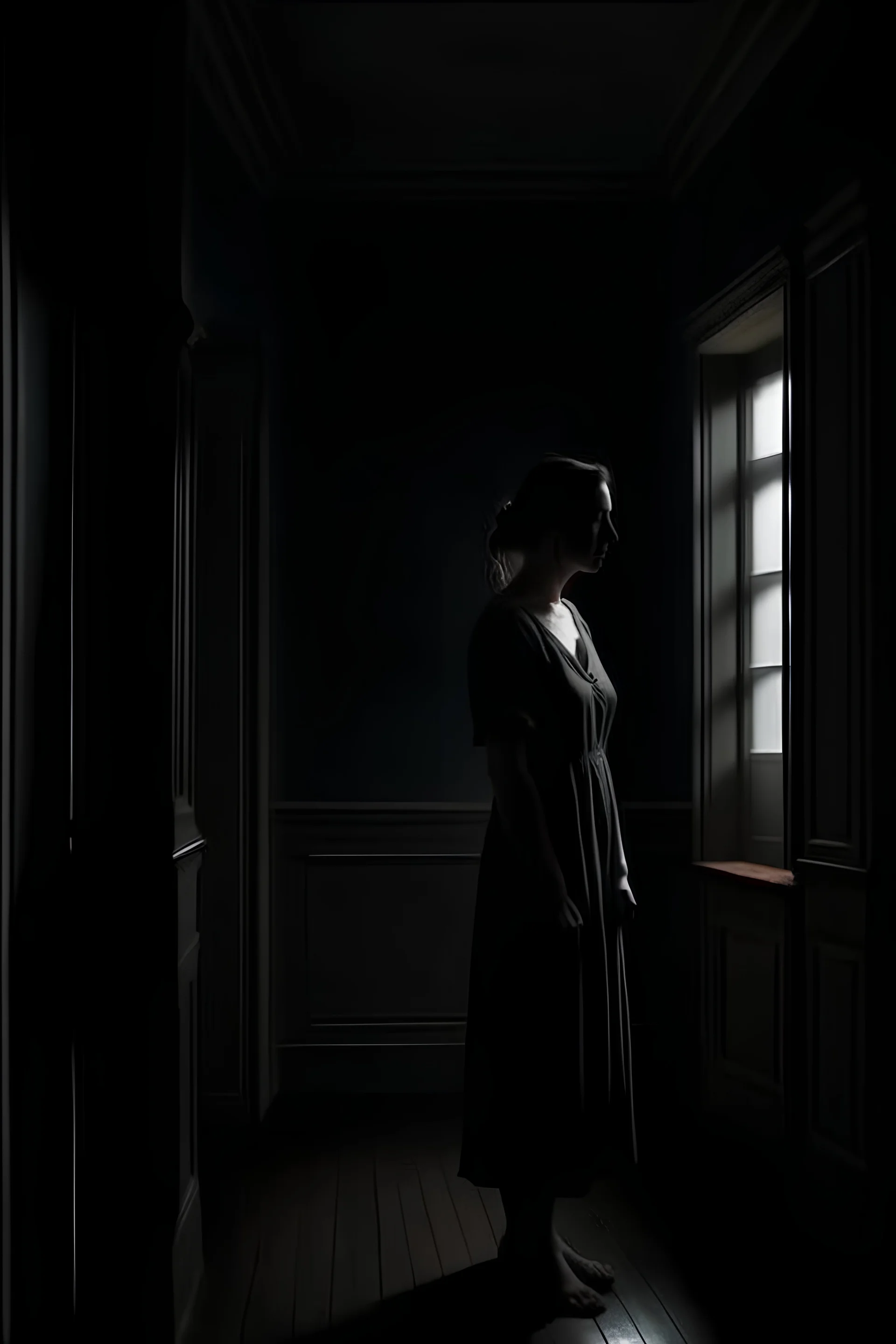 a woman stands in the corner of the room cinematic dramatic hd highlights detailled wide and depth