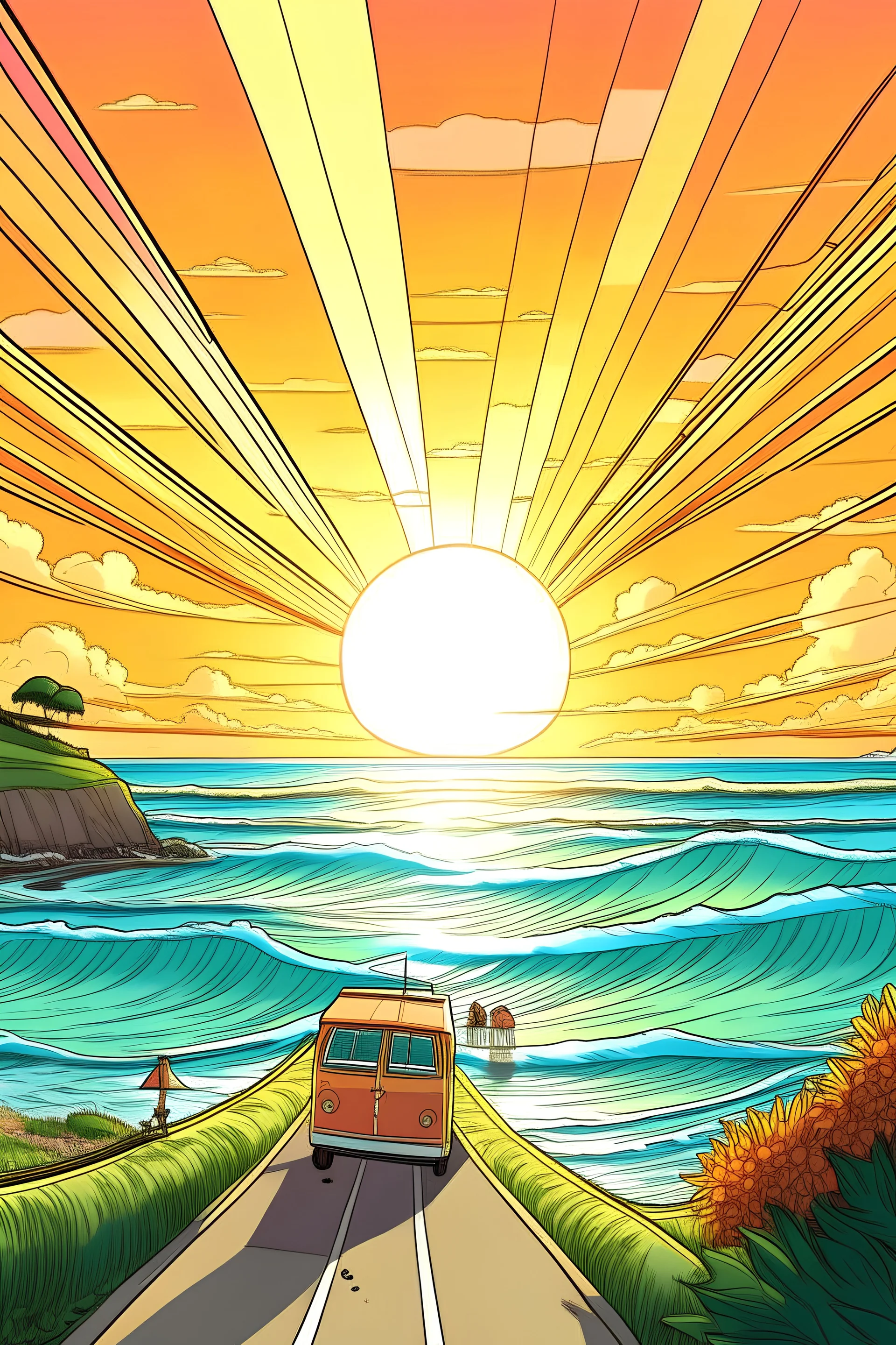 make a sunset over the ocean where you see the road and you see one buss driving. the car is very far away and you can see a girl on waterski far away. there is two eyelands on the ocean. and one that connects to the land with a white bridge. make it in a cartoon and animated way