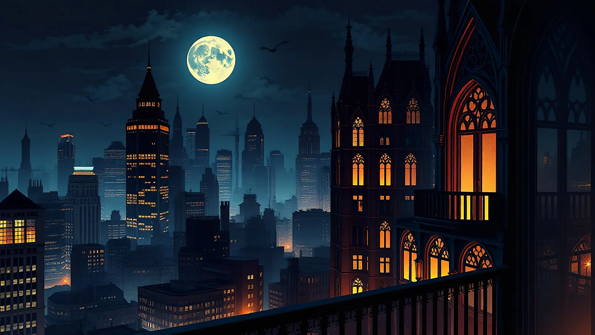 Gothic-style modern city, Gotham city, noir film ambiance, night, a view from balcony, vector art