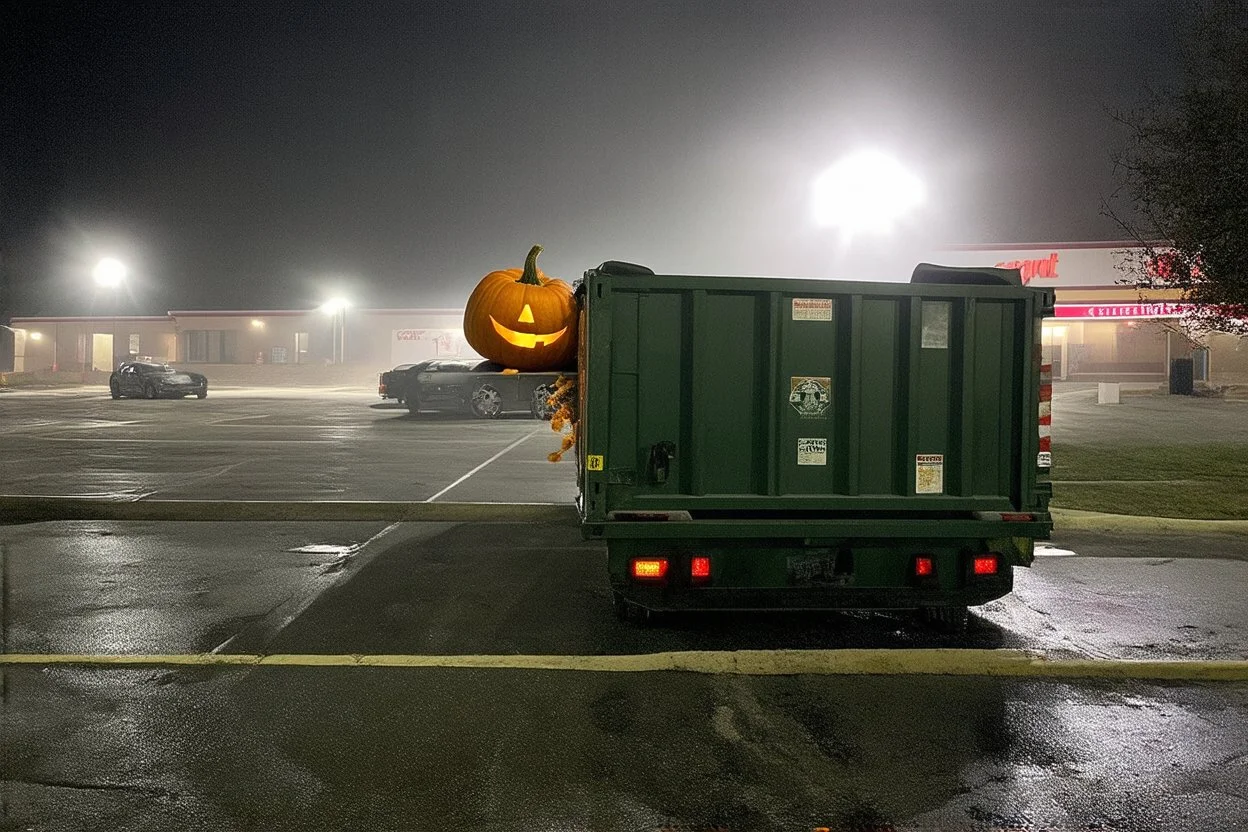 low-quality dashboard cam picture, high film grain, anthropomorphic fused centipede pumpkin hybrid hiding behind dumpster caught in headlights in a Wal-Mart parking lot in a foggy night, found footage horror, low contrast, night vision, static haze.