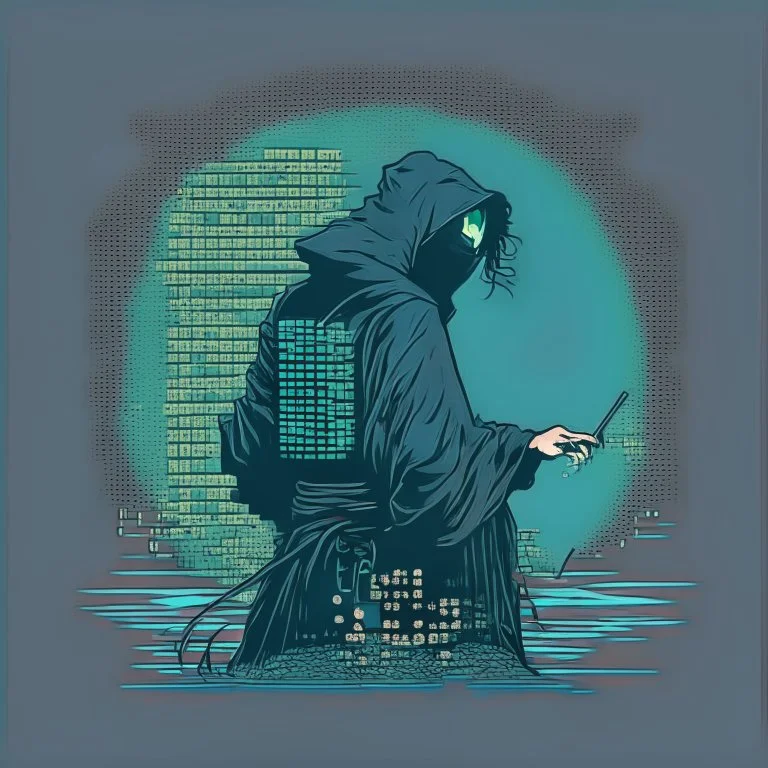 minimalistic hacker in the style of hokusai, matrix theme colors