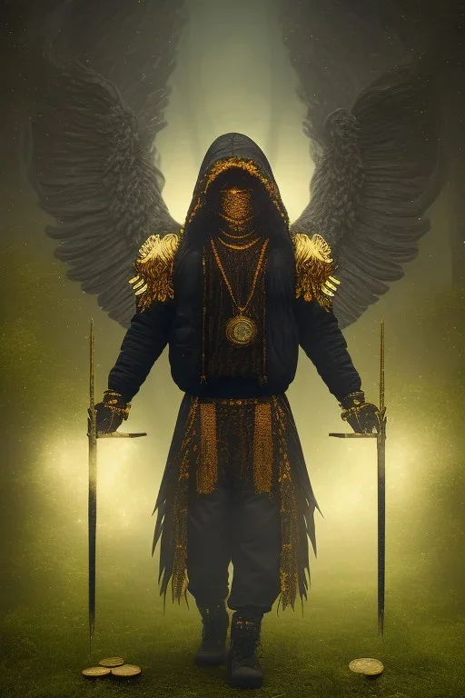 running berserker portrait , no face, black jogging suite , in the night Alps , holding coins , angels background, volumetric gold light, high detail, dark leaf tree, dark mountains in background, perfect, HR Giger style