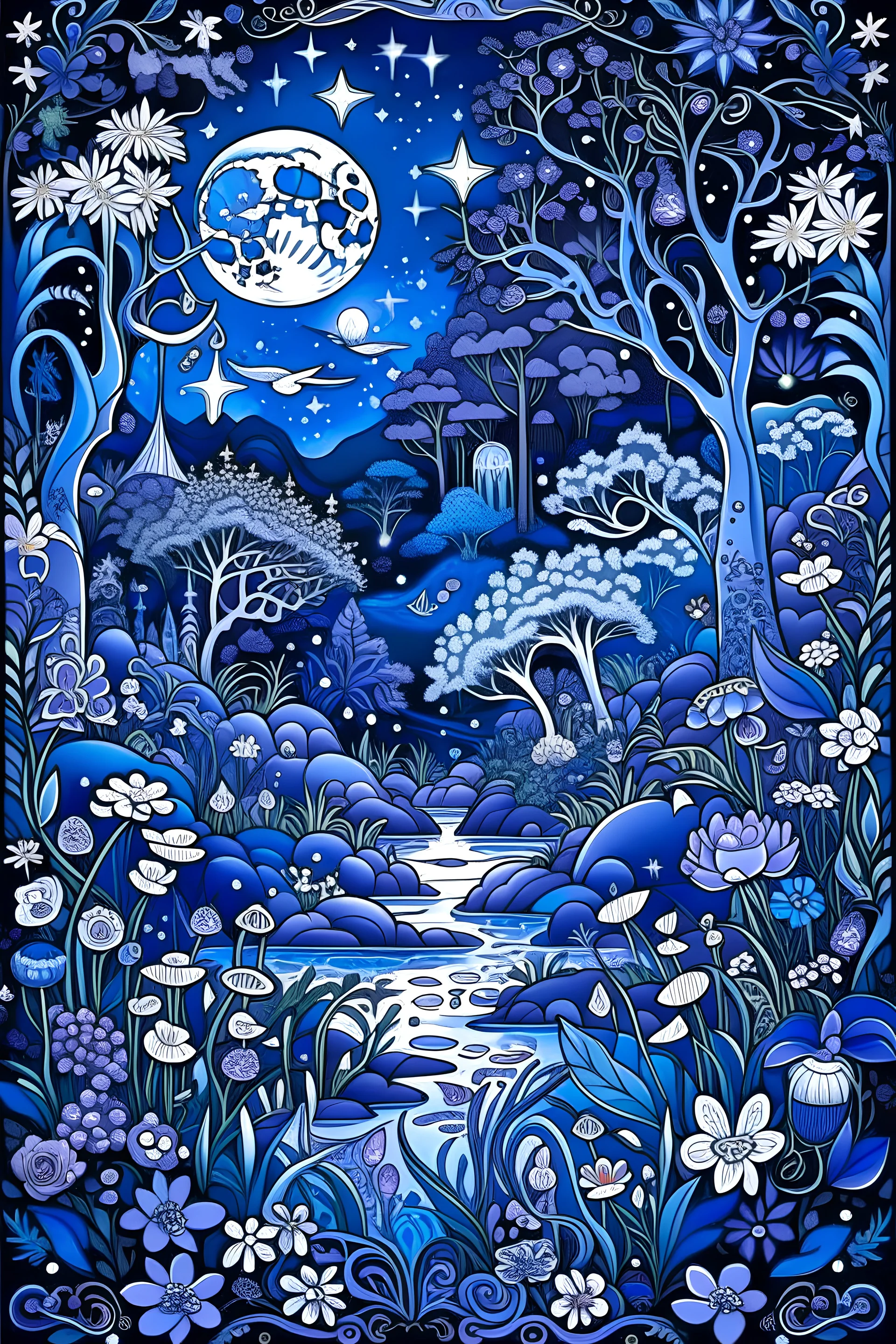 Craft a captivating line art featuring a serene scene under the moonlight - perhaps a mystical garden with blooming flowers, gentle fairies, and cascading waterfalls. The design should exude enchantment and magic, allowing for creative interpretation through coloring. Encourage the use of a soothing and magical color palette, blending midnight blues, silvery whites, and soft purples to create a dreamy and otherworldly atmosphere. Let your colors bri