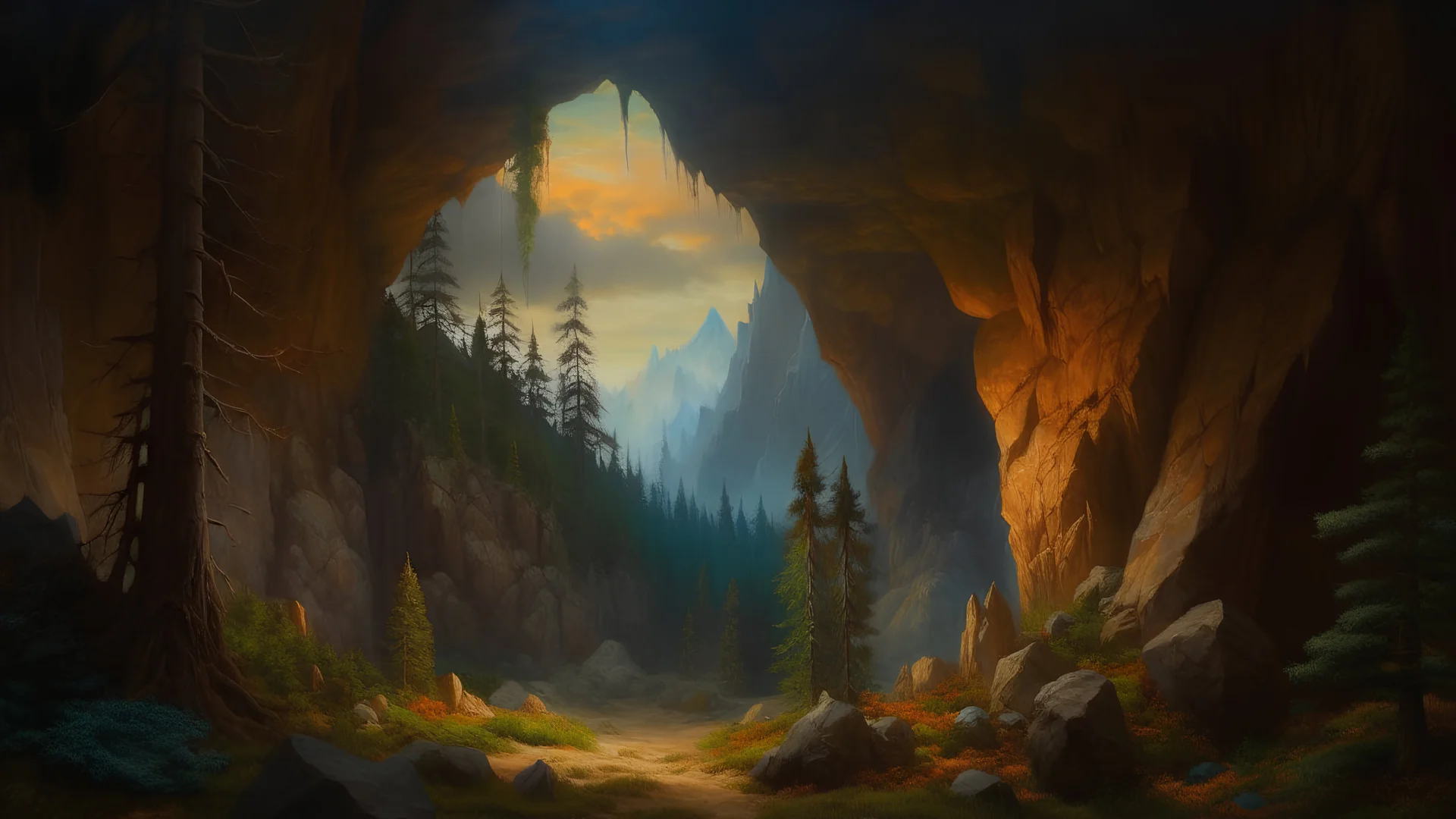 A large cave opening in a secluded mountain alcove, rocky cliffs, dimly lit, burt pine trees, scorched earth, many craggs, realistic, medieval, painterly, Bob Ross painting