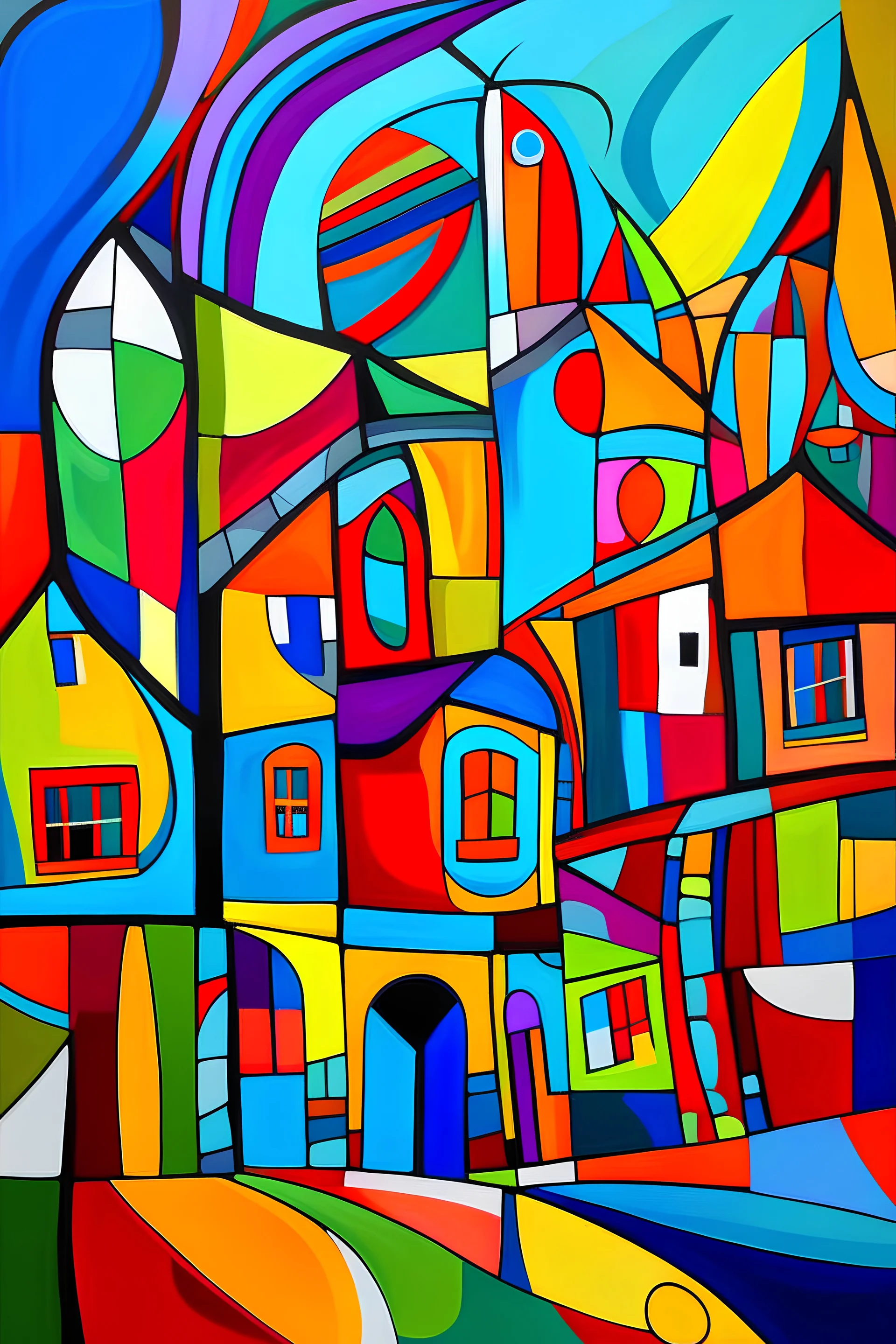 colorful abstract art with straight and lines mixed with curves and houses