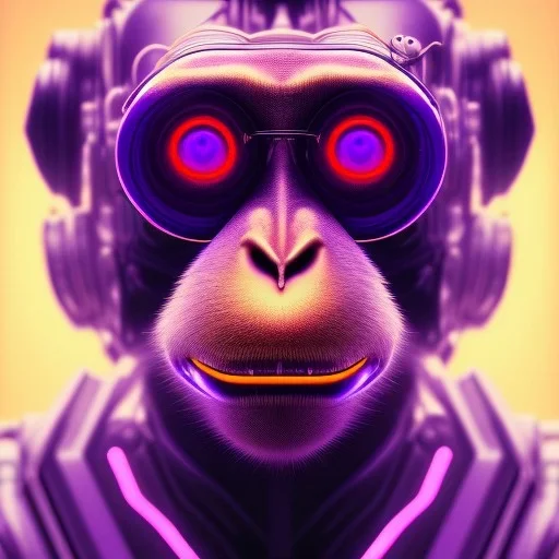 A beautiful portrait of a cyborg monkey purple neon color scheme, high key lighting, volumetric light high details psychedelic background