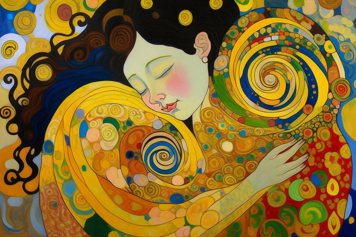 A couple hugging together in swirls painted by Gustav Klimt