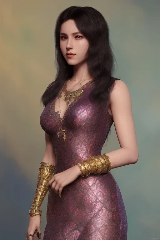 Full body portrait, painting, medium shot lady 3DTotal purple radiant midground gold filigree background