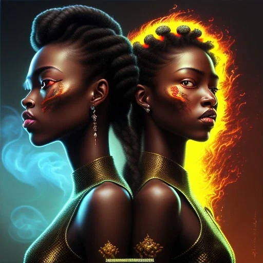 3D. Detailed Painting .realistic. Dark skin women. Beautiful. the faces of two young black women. Warm. Fire nymphs emerging from the flames.red.. Energy. Focus. THeir hair looks like smoke .smoke curling. Dreadlocs. Their skin is the colour of charcoal . Their hair moves like smoke. . their clothing is made of flames, red. Orange. Yellow. White and gold