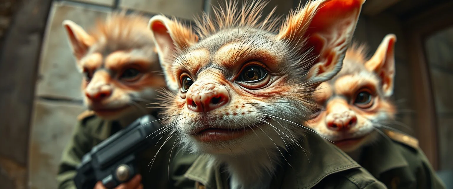 airbrush and pen outline, french art , extreme close up on cheeky fluffy weasel hairy goblin military prison guard troupe news anchor elf family scumbag , pinhole cam, airbrush 3d rendering, in the style of Titian and Rembrandt
