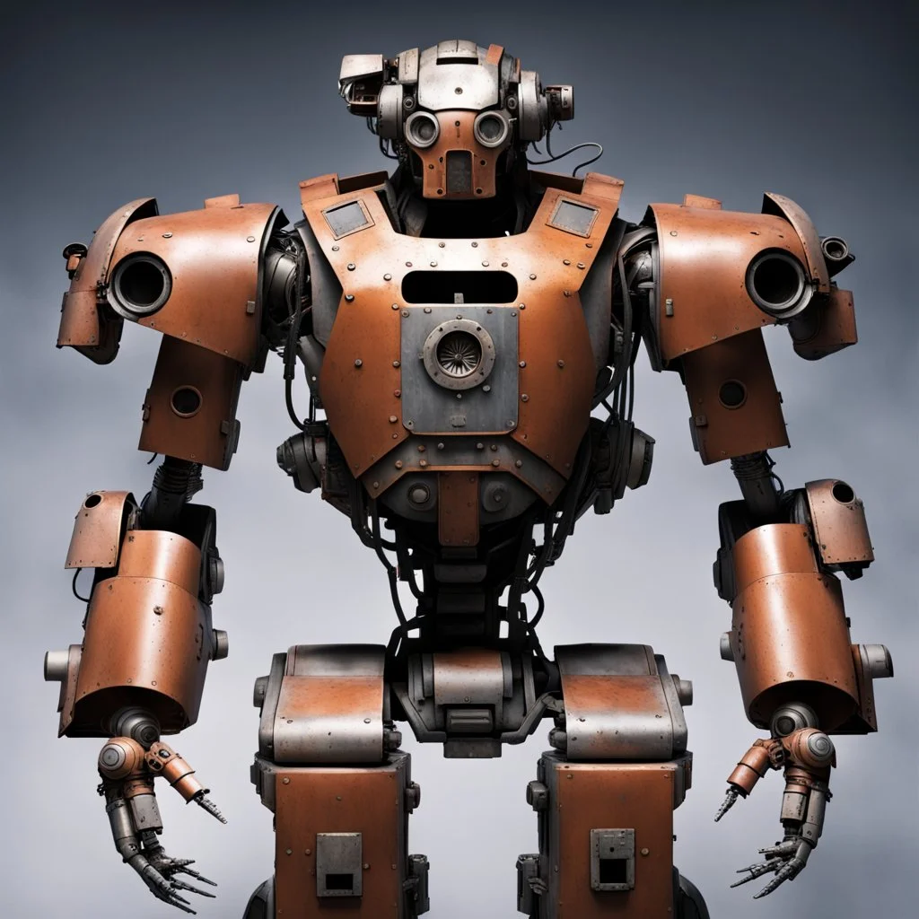 trash mech suit, human-sized, made of scrap metal, cockpit in chest cavity, light rust, round, loose wires, escape hatch