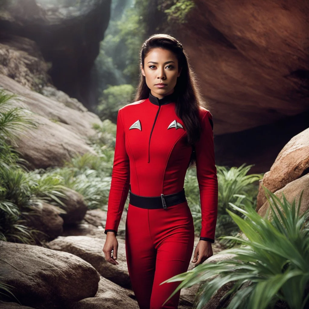 A young Star Trek ensign, donning a red uniform, experiences fear during her first away mission. Hiding beneath a large rock, she exudes a mix of curiosity and anxiety. Though disheveled and dirtied, her determination shines through as she clings to her tricorder. Seeking safety, she peeks out from her hiding place, surrounded by alien flora and fauna.