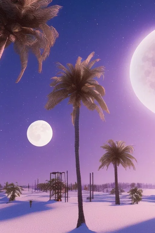 1980's aesthetic vaporwave palm trees with lighting with moon in the winter snow