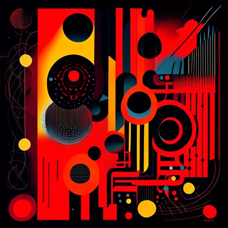 Precise geometries and flow graphs, violent colors, harsh contrast, abstract surreal art, by Arthur Secunda and Victor Pasmore and Petros Afshar, silkscreened mind-bending illustration, asymmetric, Braille code characters, UV x-ray warm colors, dark background, Sharp Contrast, dynamic composition, red hues