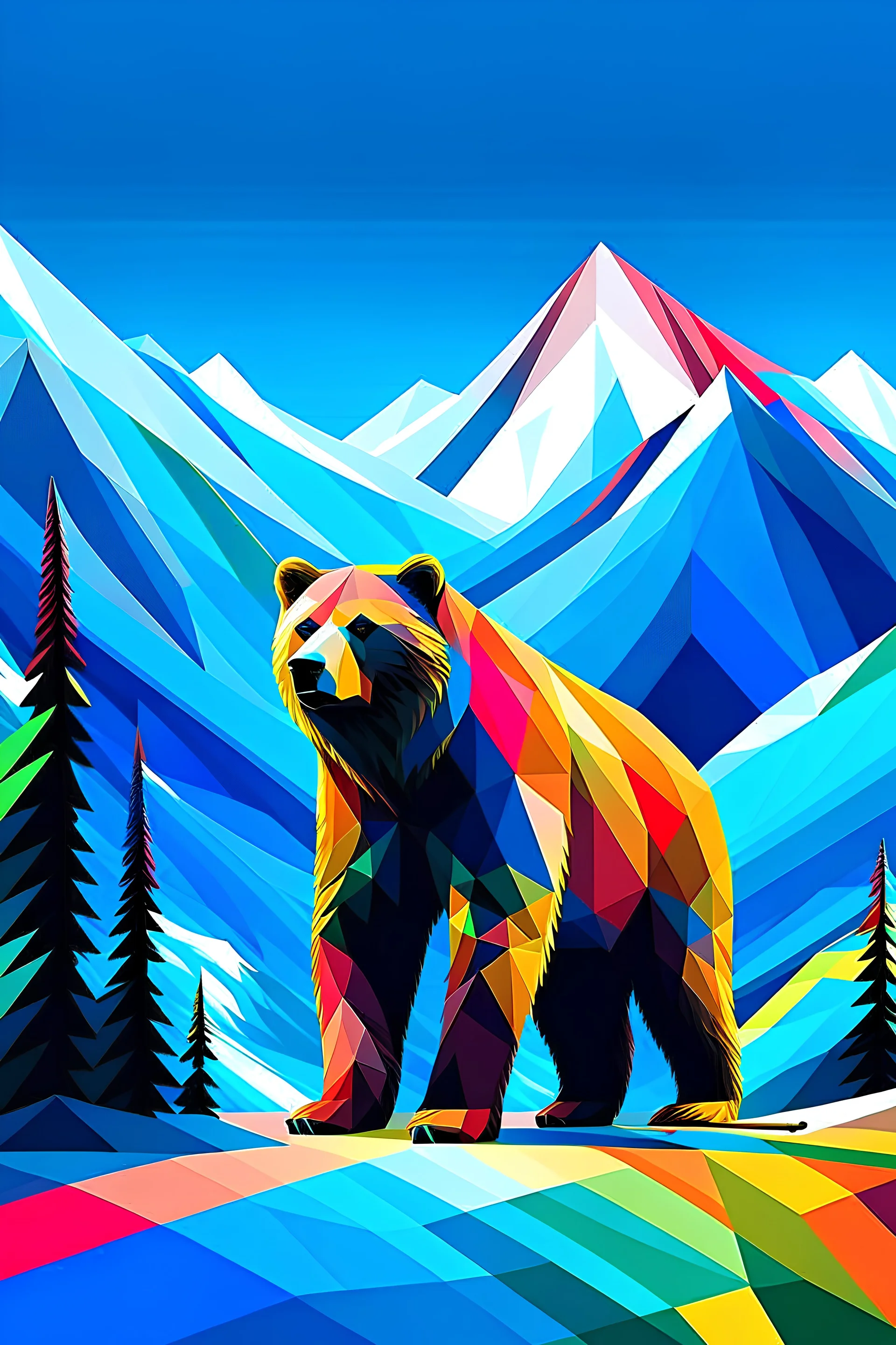 grizzly bear on skis with mountains in background in a cubism style with a lot of bold colour