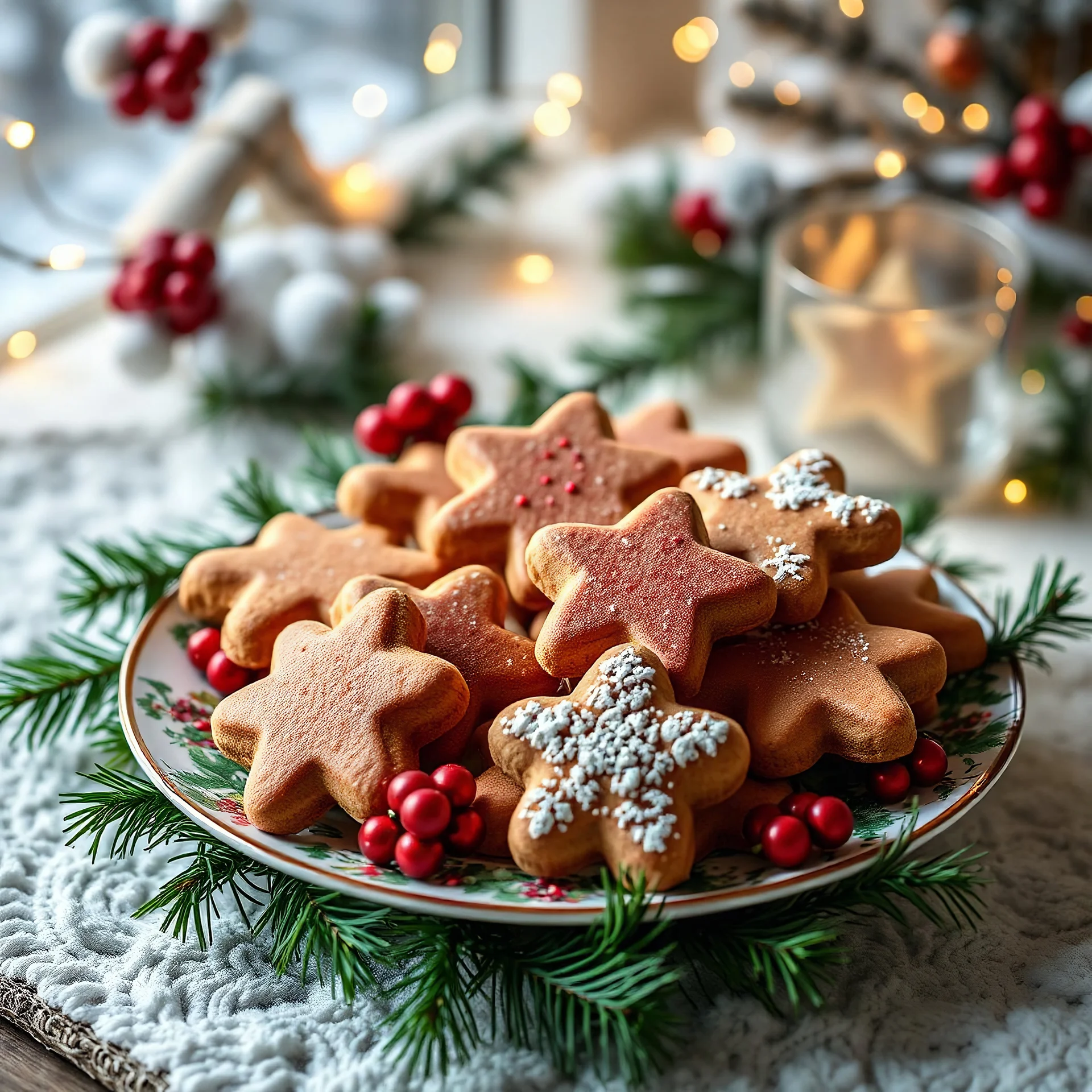 A full-view image of Lebkuchen cookies arranged on a festive plate with Christmas decorations. A cozy winter backdrop with fairy lights is included.