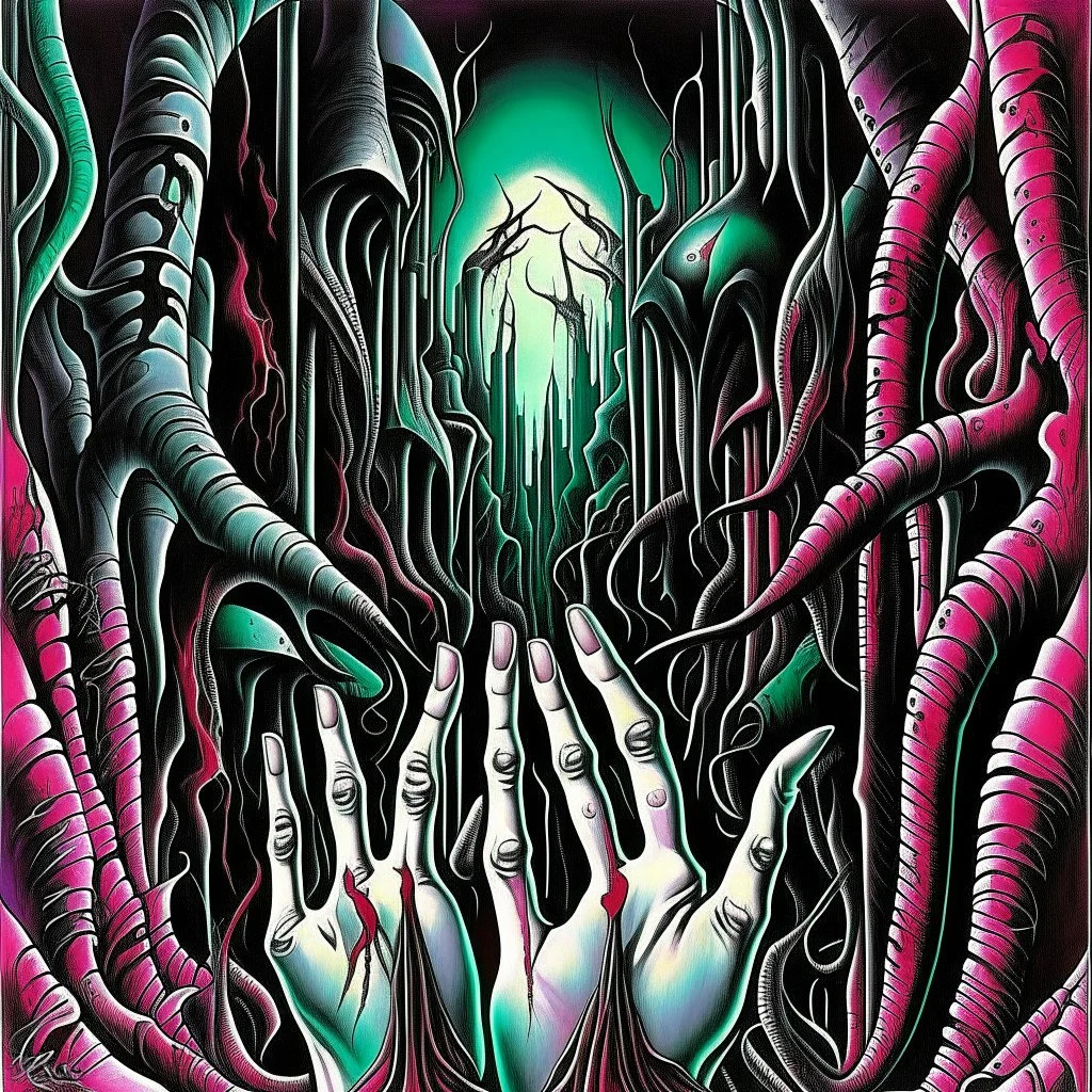 idle hands do evils bidding, sinister but beautiful, neo surrealism, by Gerald Scarfe, by H.R. Giger hypersurreal fantastical detailed 3D matte painting, deep color, intricate detail, splash screen, complementary colors, nightmare concept art, trending on DeviantArt
