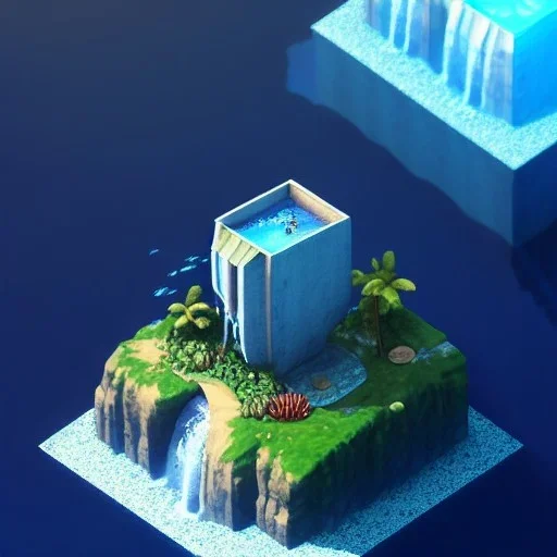 The Isometric Glass Tall Box Mini Model Little Real Island Mixed Water Fall Under Ocean Sunshine Summer Background Blue Sea, The Last Of Us / Avatar, Octane Render / ZBrush, Cinematic, IMAX Film, Nikon D750, 16K, Autostereoscopy, Anthropomorphic, Golden Ratio, Geometry, Symmetric, Depth Of Field, Highly Detailed, Ultra Realistic, Beautiful Lighting, Halfrear Lighting, Soft Light, Candoluminescence, Cast Shadow, Reflective, Glow, Translucent, Normal Map, Carbonated --testp