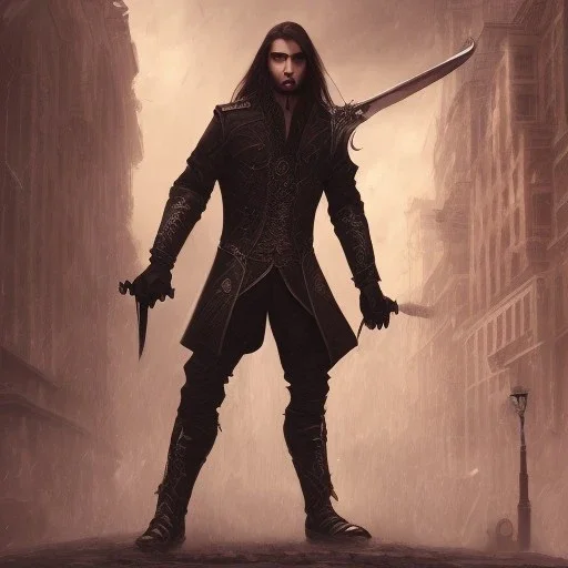 Male, Human, dark long hair, Black Eyes, Young, Photorealism, Full Body Shot, City Background, sharp focus, dark, black, steampunk, sword