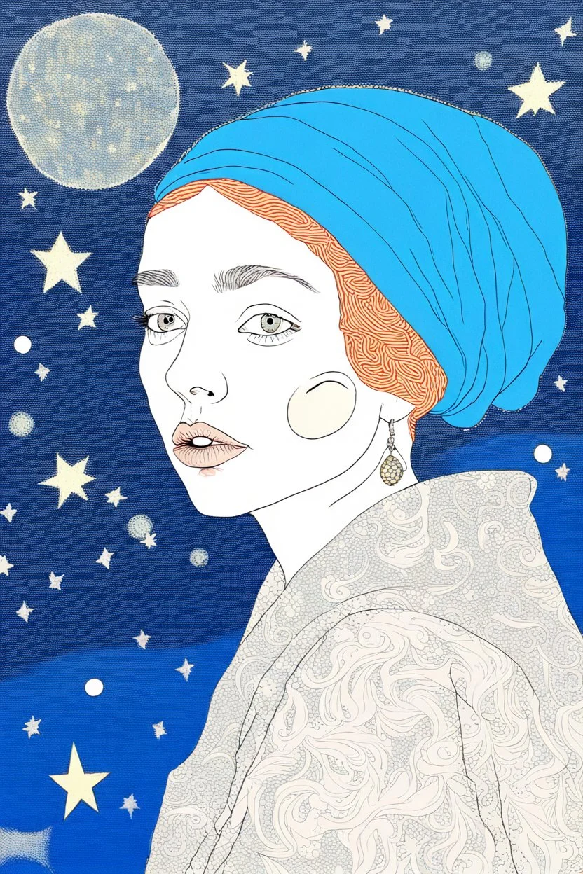 The Girl With A pearl Earring, mixed media, complimentary color, the starry night background, in the art style of Kaethe Butcher, Pierre-Auguste Renoir, Gaelic leafy FolkArt Folklore