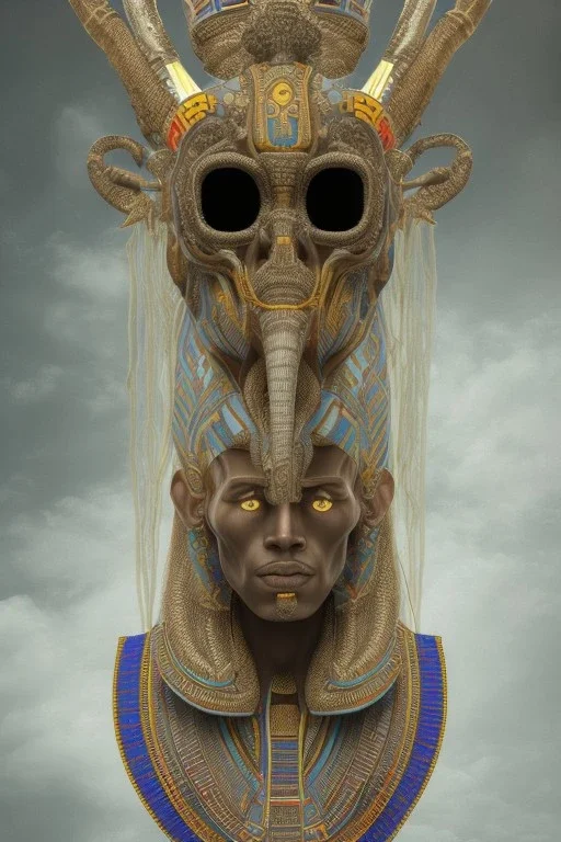 Aztec male African Egyptian alien, cracks in the voodoo head, wicked, eyes, crown, Elephant, 8k, finely detailed, photo realistic, tiger turquoise skull head gold dragon space alien snow skeleton gold hornytoad silver crown silver eyes