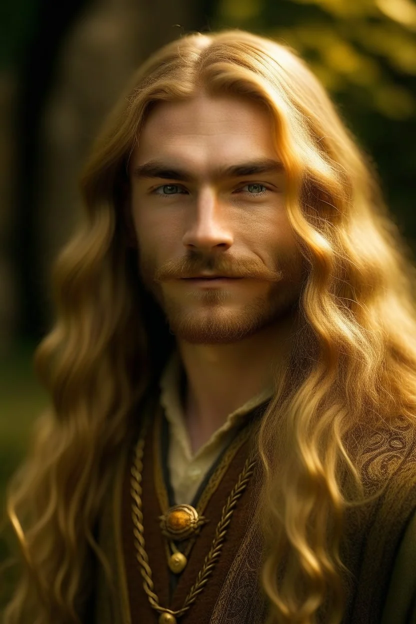 A young serene Lord Of The Rings like man with long golden hair that cascades gracefully. A short beard. His open eyes, with blind pupils, reflect a depth of wisdom and inner peace. A gentle smile graces his face, adding warmth to his tranquil demeanor.