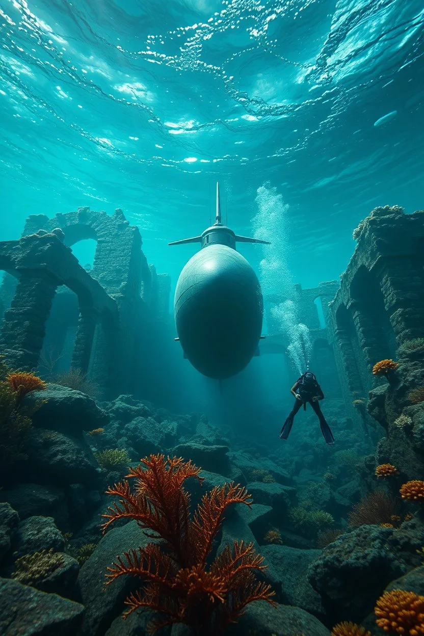 A front view of the ruins of Atlantis city under the ocean water with marine plants and , a big submarine is sinking underwater and small divers are diving discovering around , cinematic scenes , high quality picture with rough water