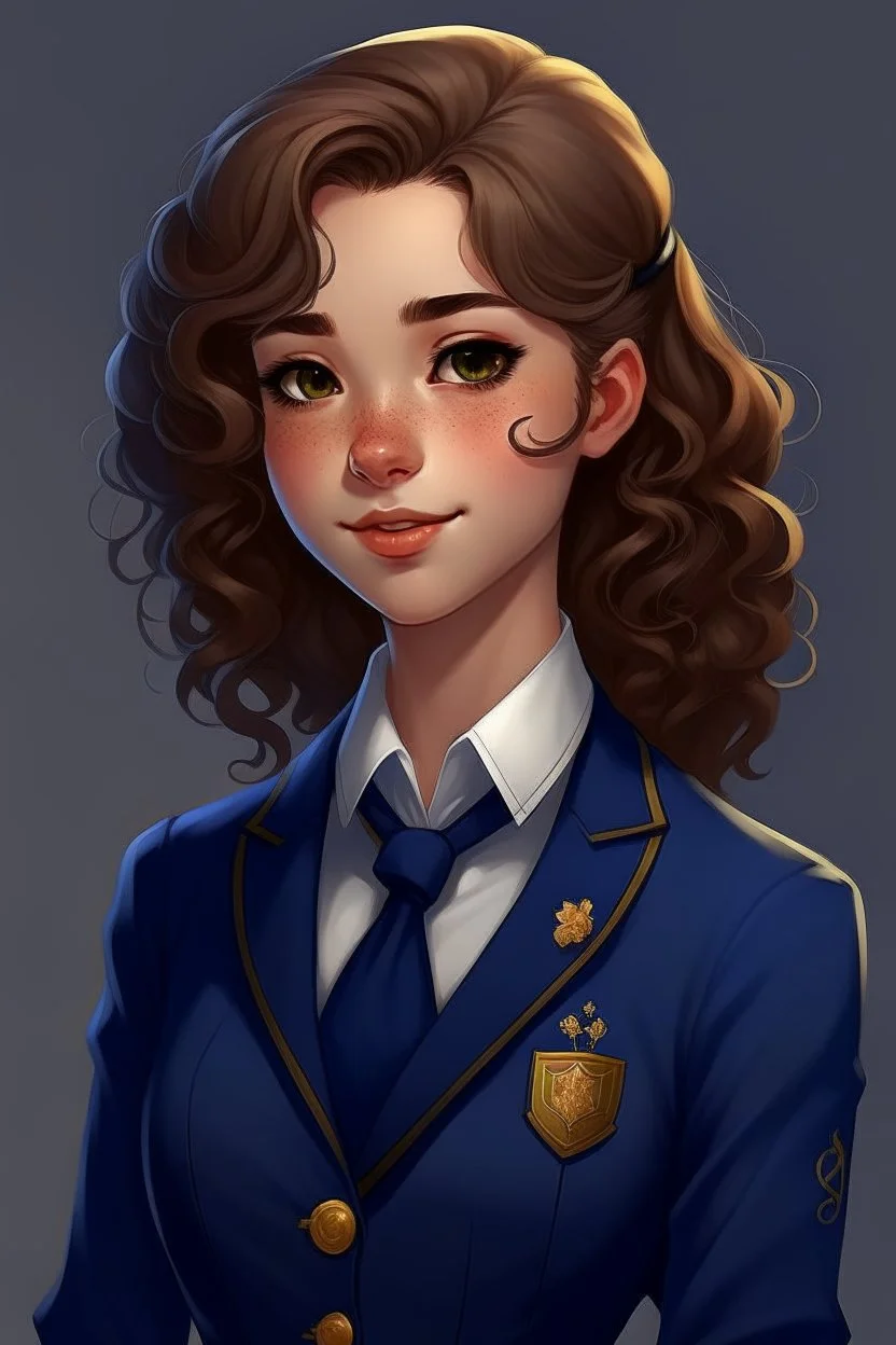 Lila is a young woman with a slender frame and an aura of quiet confidence that radiates from her every step. Her chestnut curls cascade down her back in gentle waves, framing a heart-shaped face adorned with warm, hazel eyes that sparkle with curiosity and determination. She is dressed in a neatly tailored, navy-blue apprentice's uniform, complete with a crisp white blouse and a vest adorned with intricate golden embroidery