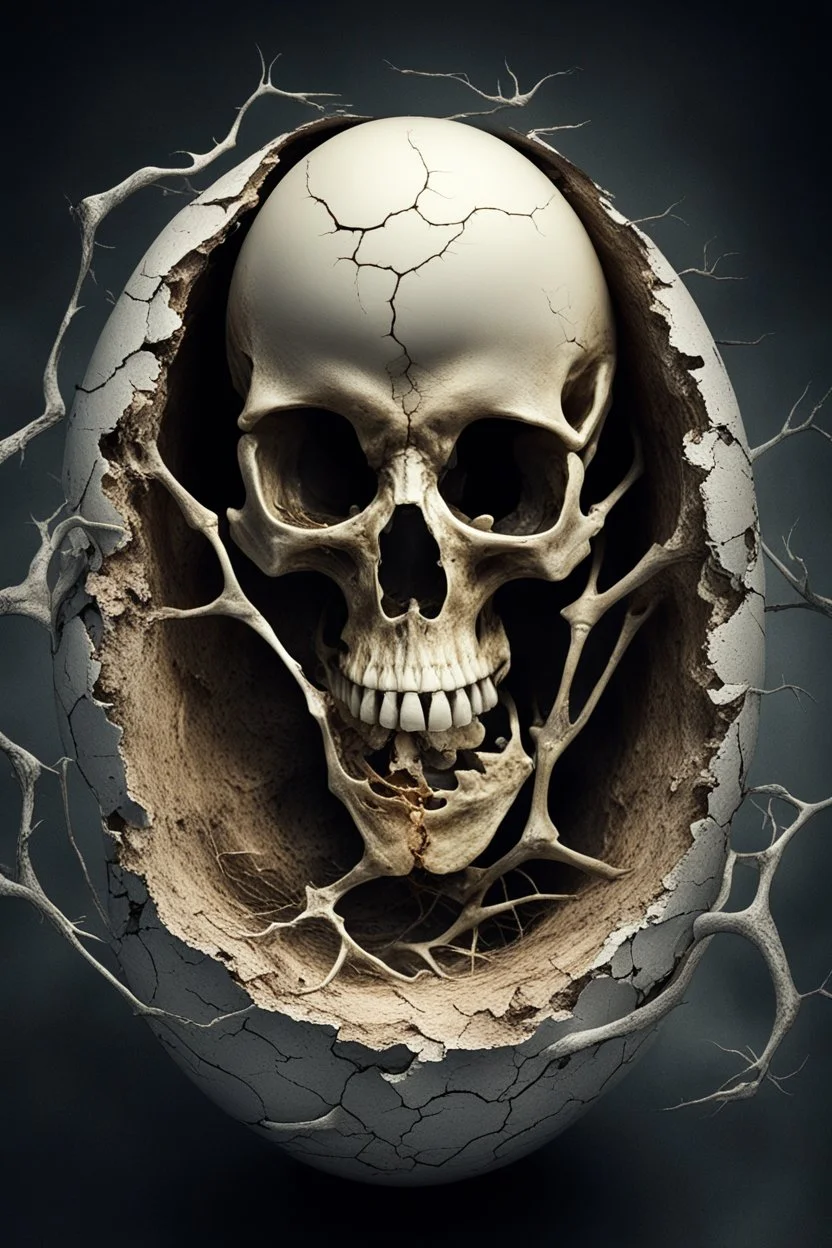 a haunting image of an embryonic human skeleton emerging from a cracked egg