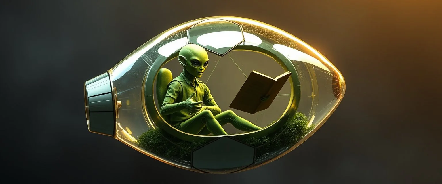 highly regular and hairy transparent soccer ball space ship with green alien director men inside, front flaps, ailrons, smiling welcoming, reading scrolls