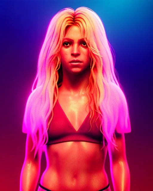 portrait, Shakira, blonde artist, Realistic image, drinking a strawberry milkshake, pink line make-up, sweat, fog, goddess style, Neon colors, leds. Color background, photo studio, concept art, smooth, unreal engine 5, god lights, ray tracing, RTX, lumen lighting, ultra detail, volumetric lighting, 3d, finely drawn, high definition, 4k.