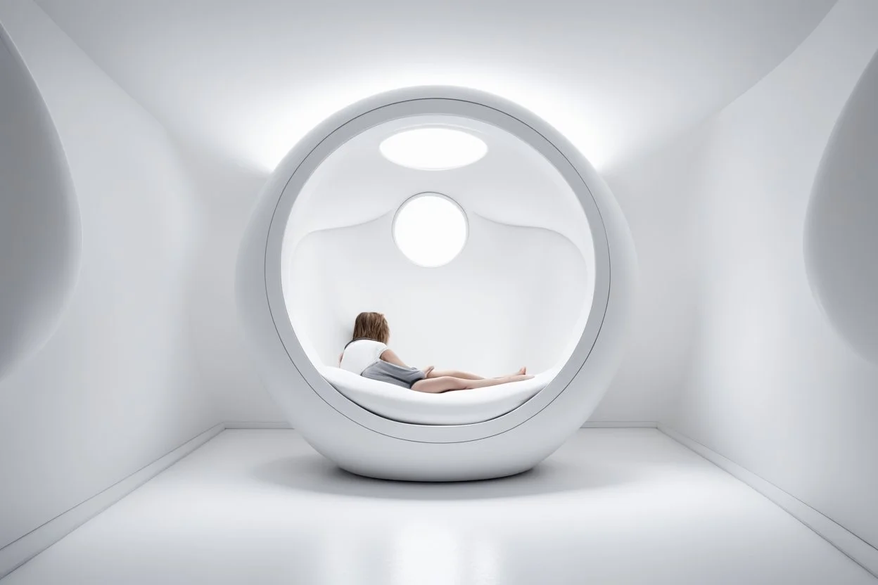 realistic photograph futuristic pod, ceramic aluminum orb pod with window. white walls and hands.