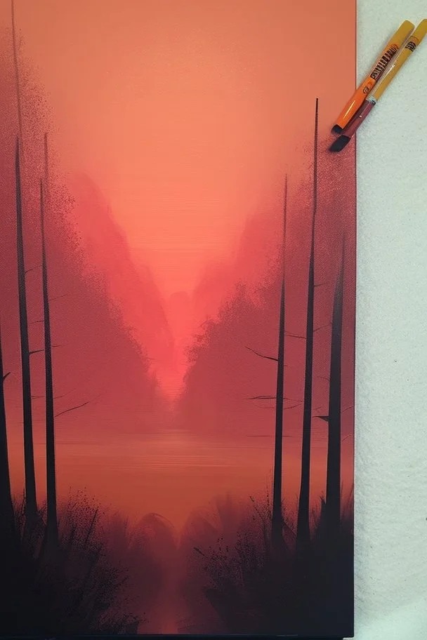 simply forest landscape with orange sky paint