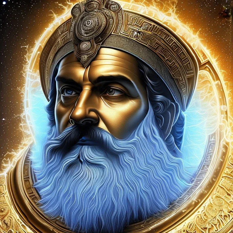 photo realistic, symetrical, centered, ultra detailed, digital art, in center is a portrait of highly detailed greek colossus god zeus surrounded by galaxy codes seeking knowledge, gray beard, crown filled with crystals, detailed face with human skin color, eyes filled with galaxy, dominating colors = gray light blue and dark gold, lightning, smoke,