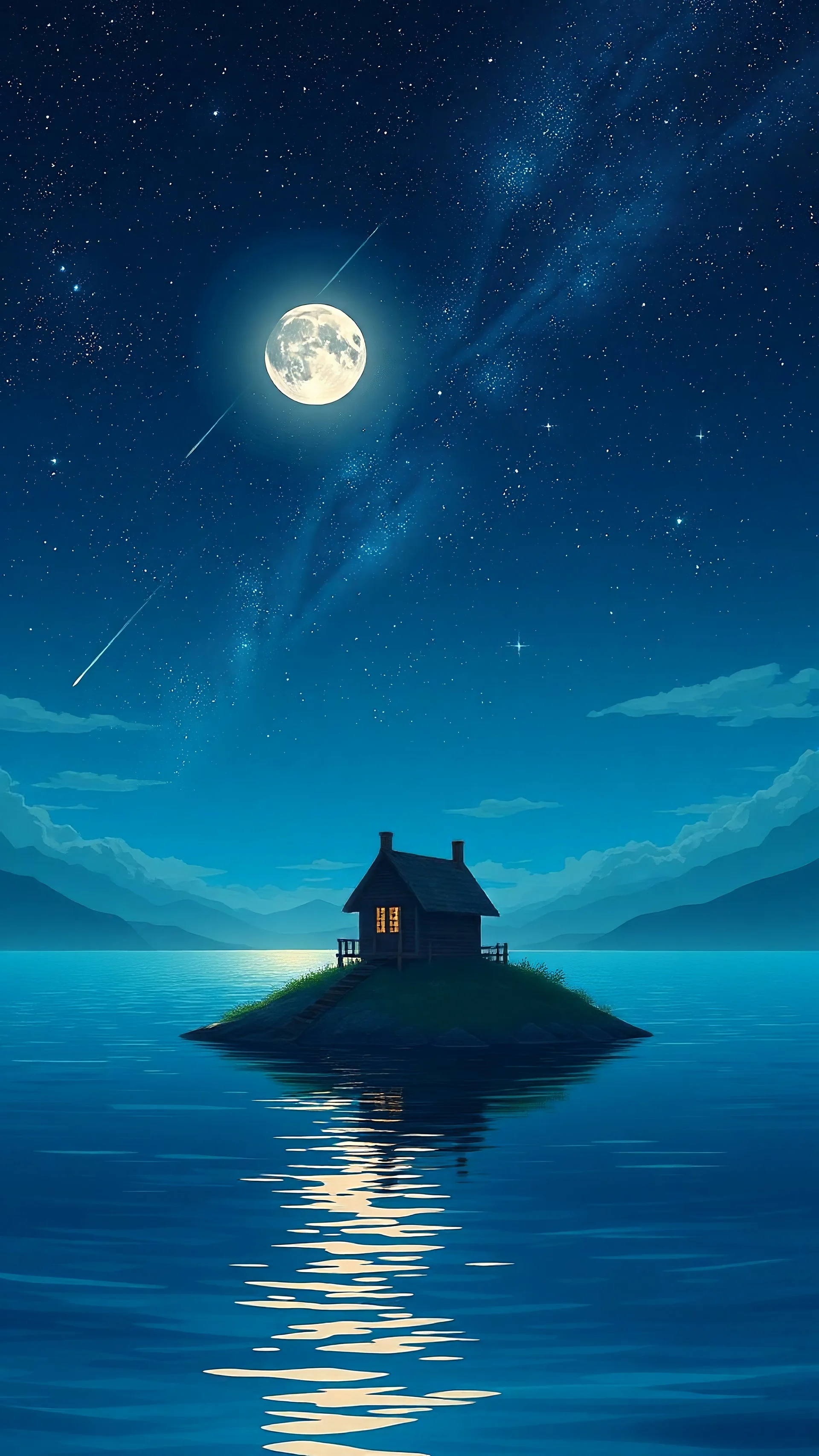 anime style, small cottage in long distance , middle of the water, night moon , stars, meteor