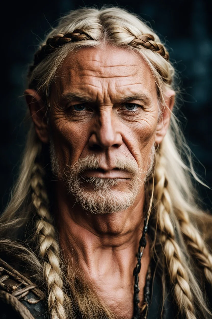 portrait of a 60-year-old viking , long blond hair with Two braids hung down neatly in front of his ears. Rugged face with a scar. blonde beard, fantasy