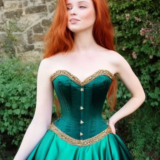 princess with long auburn hair in a big teal green and gold satin ballgown corset off shoulder top in a castle