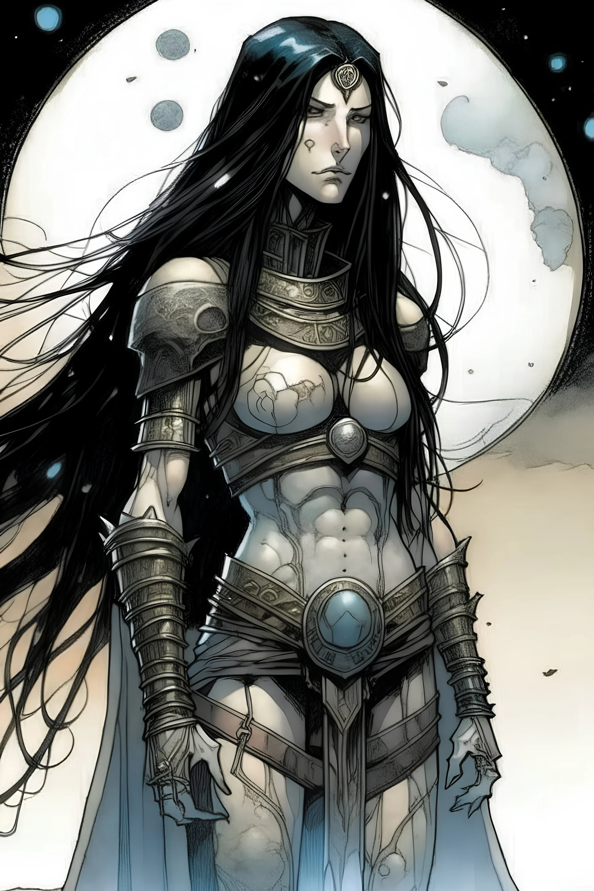 pale female with long black hair, wearing metal armor, whole body. A soft-focus image of the silver moonrise casting a cool glow, create in inkwash and watercolor, in the comic book art style of Mike Mignola, Bill Sienkiewicz and Jean Giraud Moebius, highly detailed, gritty textures,