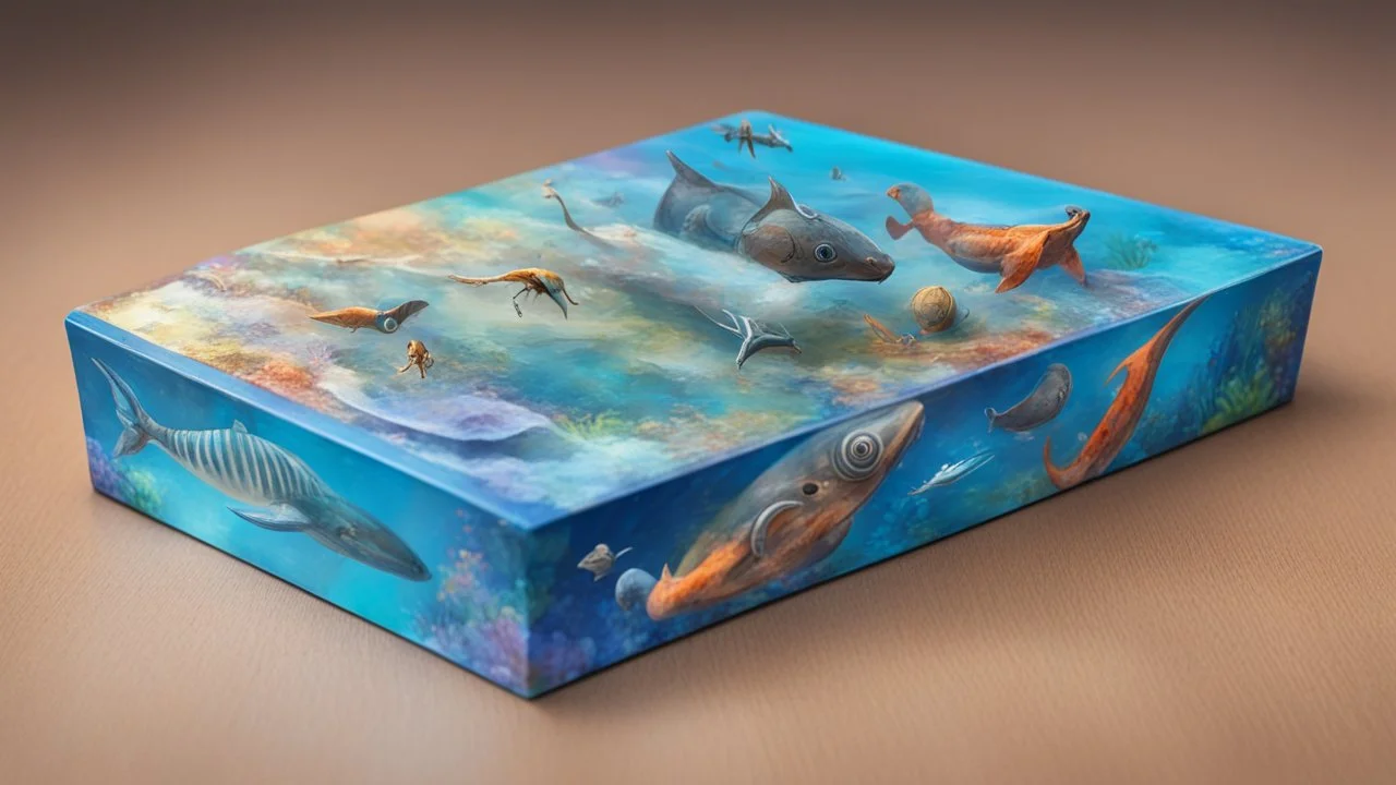 a box 10 cm long by 5 cm wide and 25 cm high, with drawings of animals from Subnautica