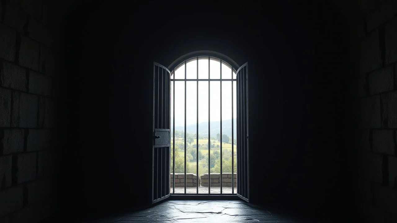 Inside a dark dismal cold prison cell with bars at the window, looking out through an open heavy cell door into freedom, with gardens and distant hills in bright warm sunshine. Exquisite composition, beautiful detailed intricate detailed octane render, 8k artistic photography, photorealistic, perfect light, chiaroscuro, award-winning photograph, masterpiece