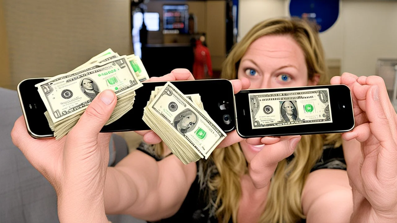 woman with fat hands trades her iphone11 and a stack of cash to and receives an iphone4