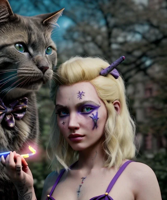 Ultra realistic afternoon photo, happy couple, blonde Alice woman and purple cat smoking a pipe, circus blue dress style, black headband with bow, old school body tattoo, smoke, marihuana garden, glow eyes, perfect iris, soft color, highly detailed, unreal engine 5, ray tracing, RTX, lumen lighting, ultra detail, volumetric lighting, high definition.