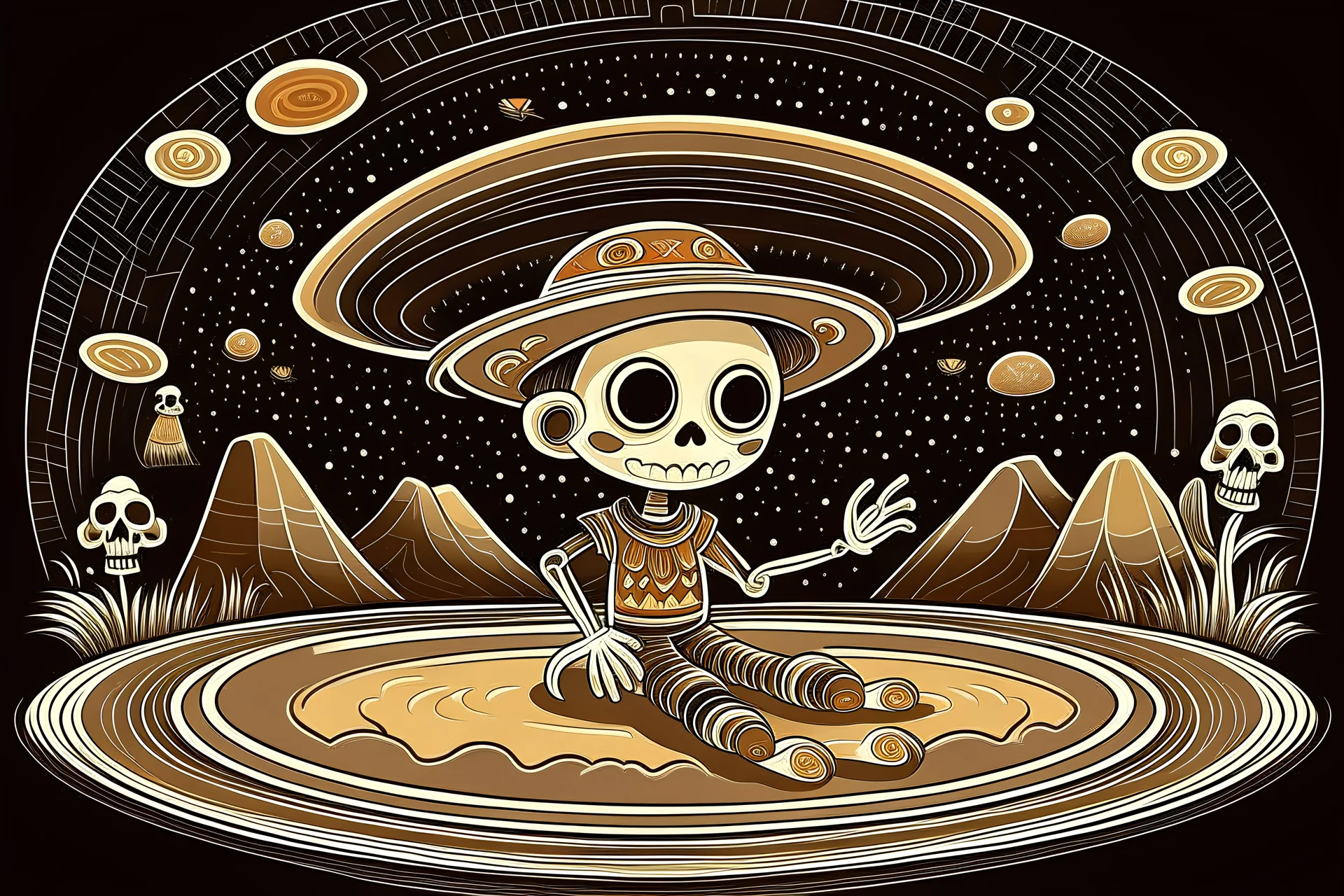 Digital art, high quality, digital masterpiece, natural illumination, spotlight illumination, night illumination, (1 Cute skeleton:1.5), (Happy:1), (Peruvian Sombrero:1), (Peruvian Poncho:2), Nazca desert, Nazca Lines, UFO