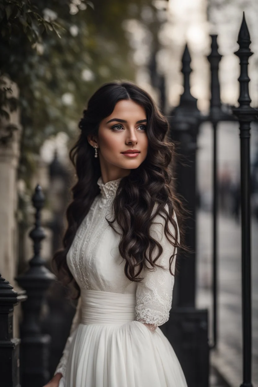 full body standing of a beautiful woman in her 18s, brunette (a Greek goddess), a little chubby, frontal face, shy smile, black wavy hair, wearing a white dress (with a high collar) from the 19th century, on the street of London in the 19th century , morning, cinematic, hd, 8k, sharp focus