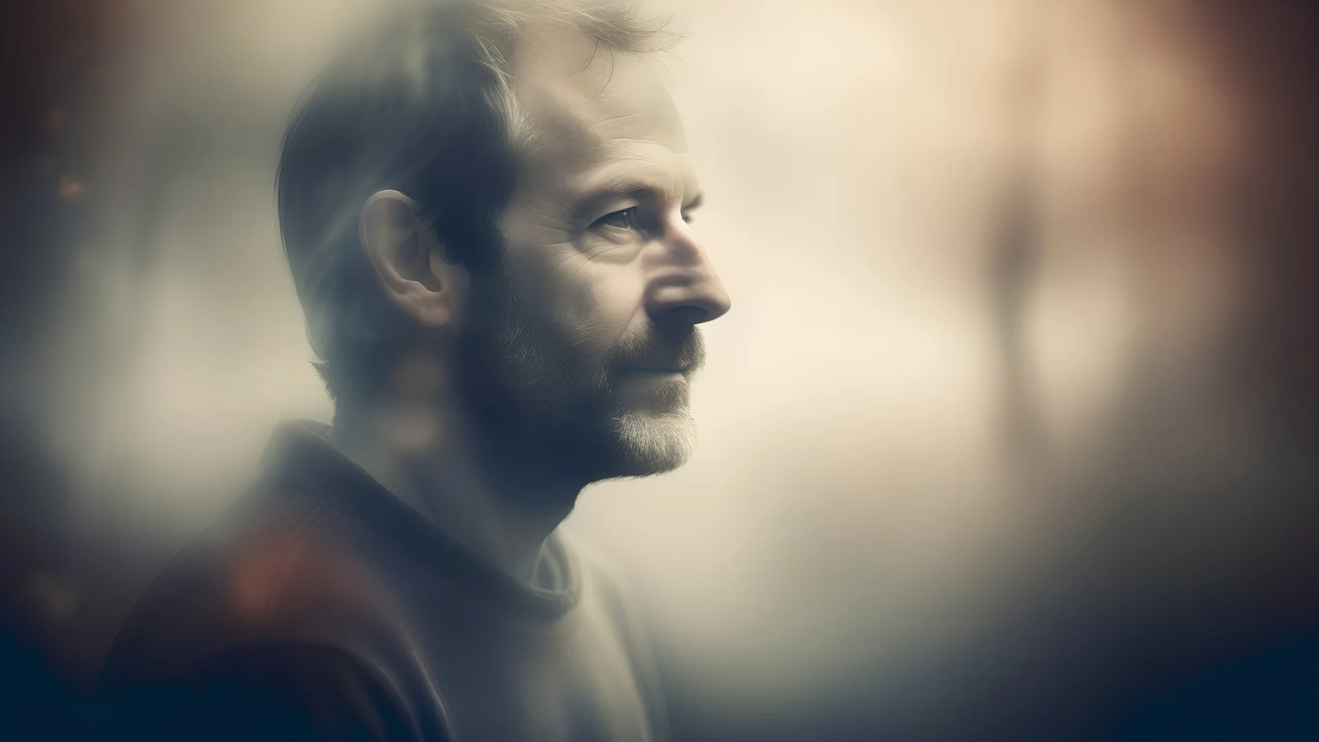 Create a compelling image: a portrait of a man intentionally blurred, his features softened into a dreamlike haze. Convey the sense of ambiguity and introspection, using muted tones and gentle gradients to enhance the ethereal quality of the scene. Encourage the viewer to explore the emotional depth of the blurred portrait, inviting them to interpret the narrative behind the intentional lack of focus.