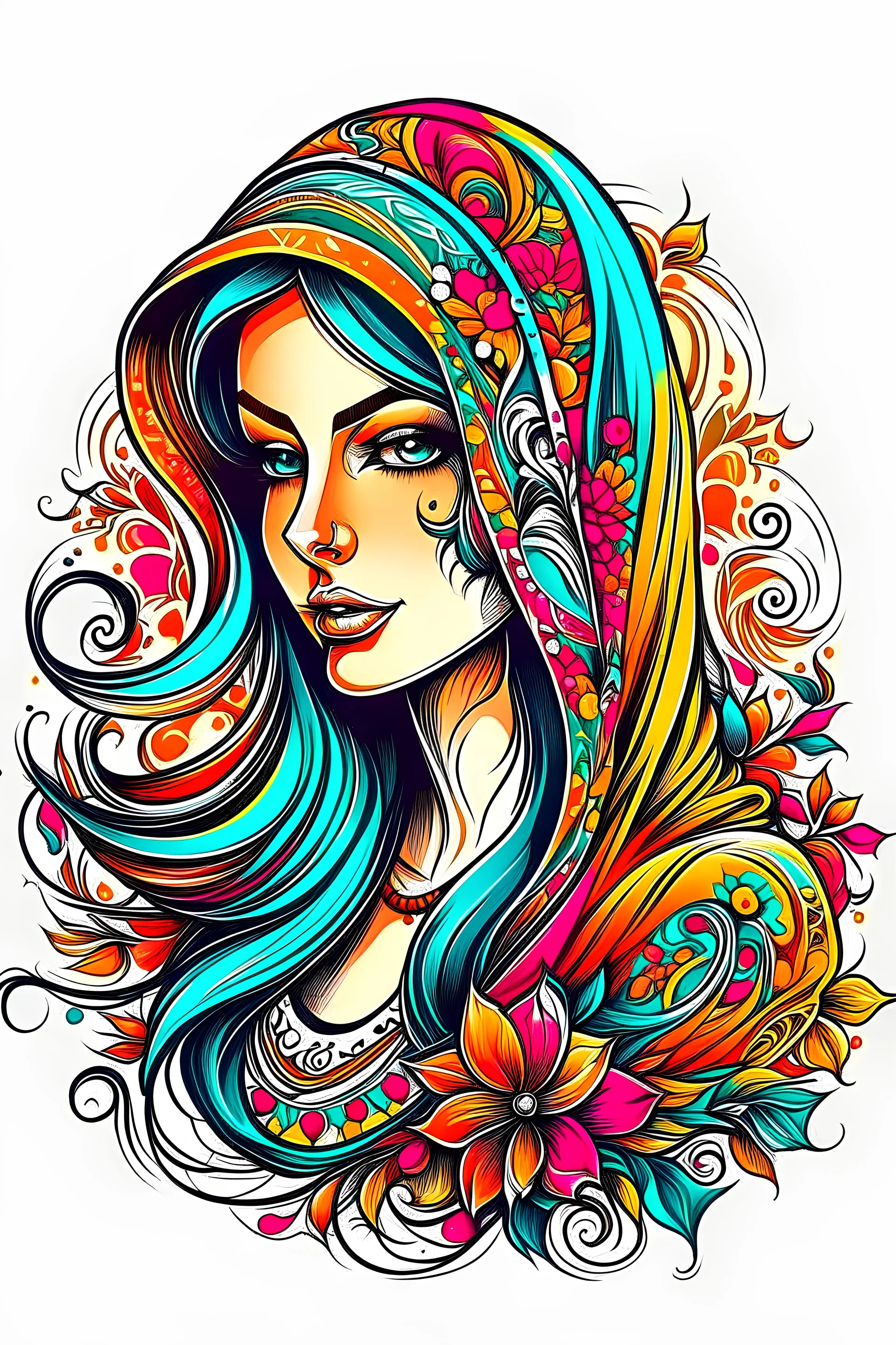 trippy logo design of a beautiful persian female drawings in colorful ink vector images, floral, 3d, beautiful pattern, bunchy