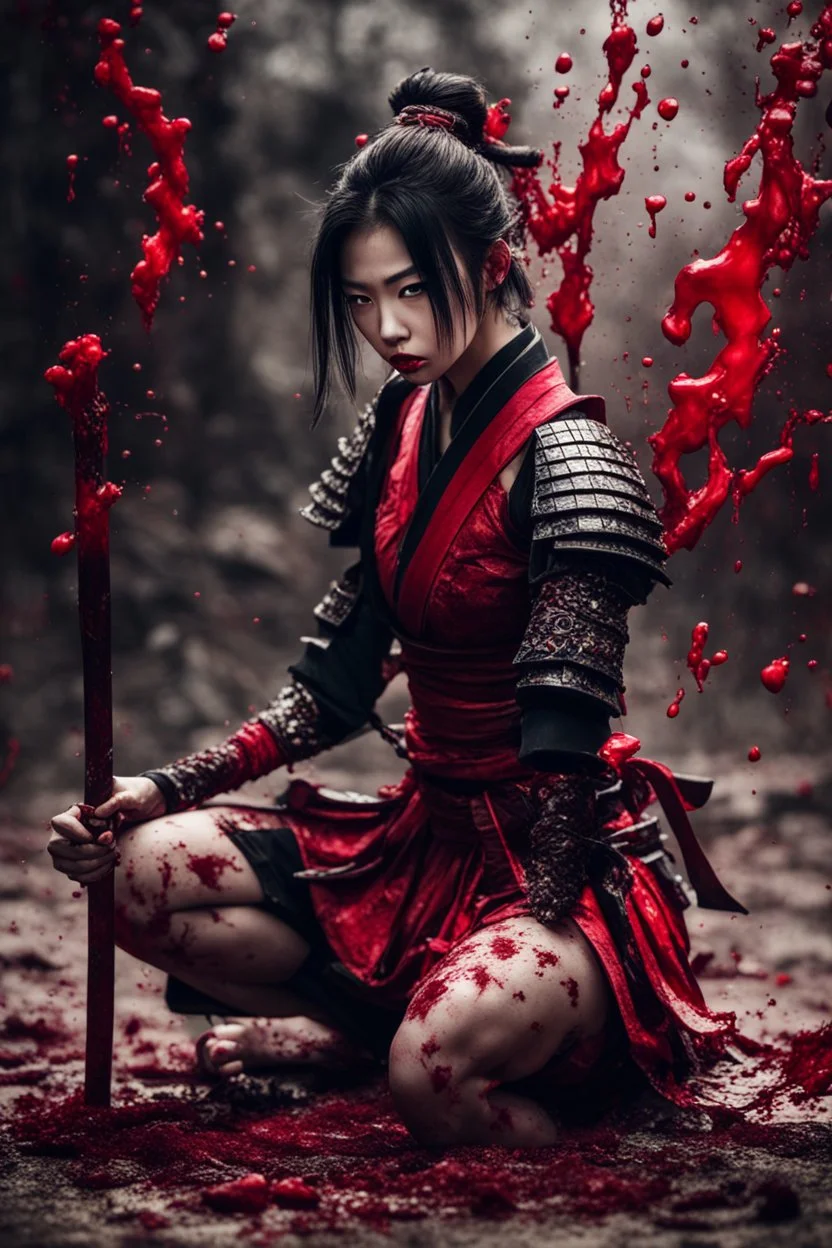 Tall girl samurai, siting pose, fullbody, splashes blood, behind guts rising from the ground, intricate, darkred tones, macro photography,