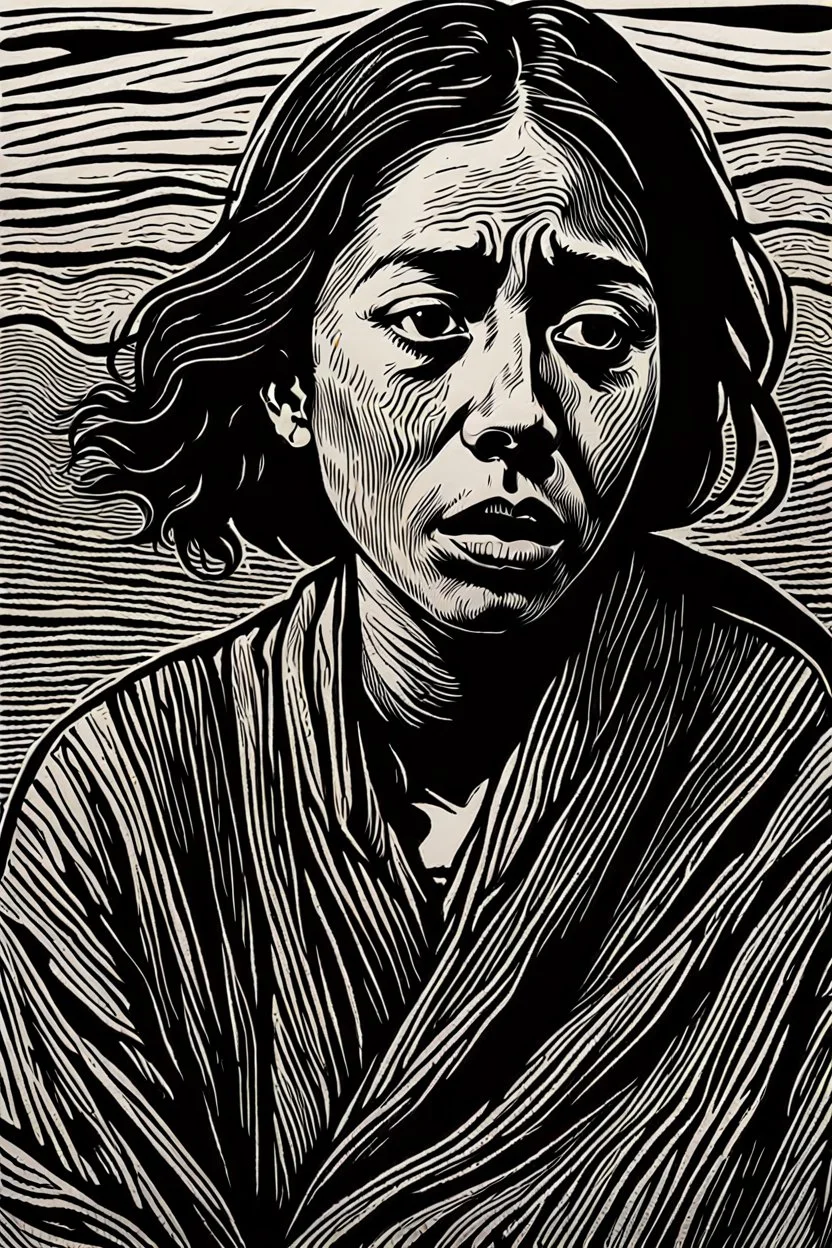 create an abstract, deeply powerful tragic, heart wrenching, and evocative, full body woodcut of an anguished and grief stricken young refugee woman with highly detailed and deeply cut facial features, lost in a horrific post apocalyptic Gaza, in the style of KATHE KOLLWITZ and PAUL GAUGUIN, searing lines and forceful strokes, semi photo realism