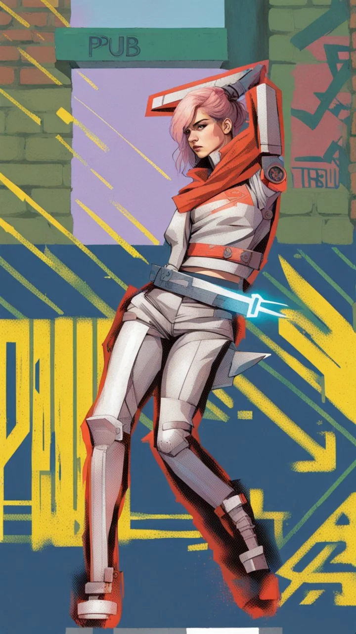 teen woman in retro-futurist cyberpunk costuming with pants and sheathed swords leaning to the side with shoulder against a brick pillar, add a background of brick with graffiti of a large arrow pointing to the right and text of the word "PUB" on lower left